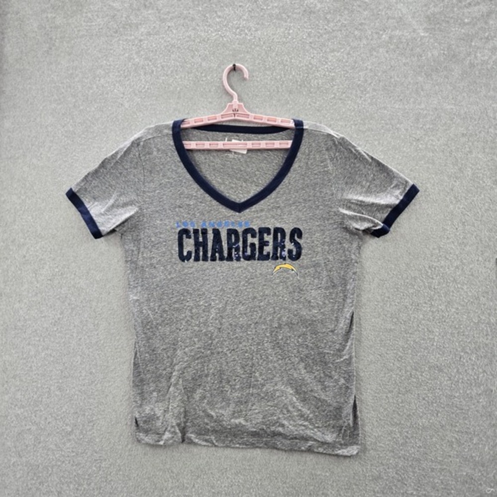 Los Angeles Chargers Women Shirt L Gray Ringer Logo Sequins Short Sleeve Tee NFL